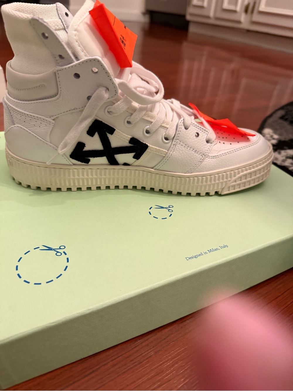 Off-White White High-Top Sneaker with Black Arrow and Orange Zip-Tie
